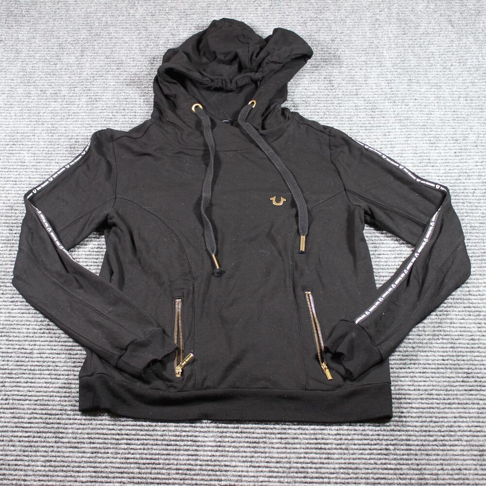 True Religion Women's XS Black Funnel Neck Hoodie Gold Zip Pockets Logo Tape